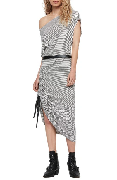 Shop Allsaints Brea Stripe Asymmetrical Dress In Chalk/ Ink Blue