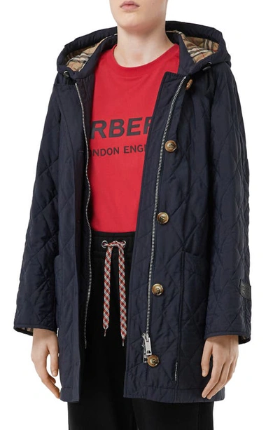 Shop Burberry Roxwell Vintage Check Hood Thermoregulated Quilted Coat In Navy