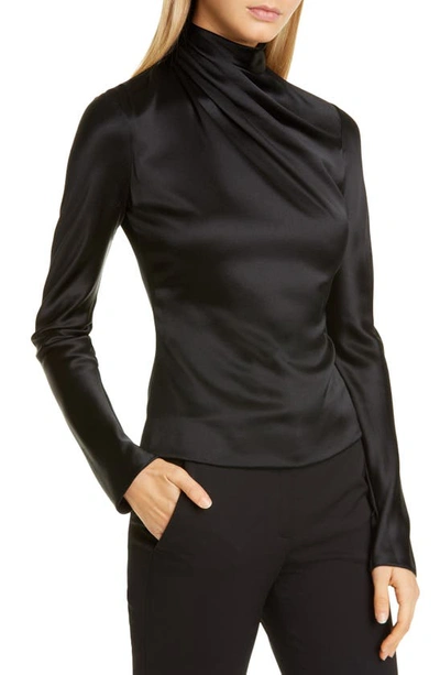 Shop Brandon Maxwell Drape High Neck Long Sleeve Silk Blouse In Black