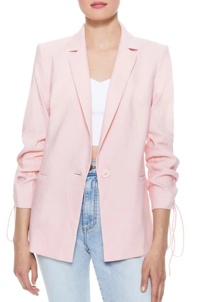 Shop Alice And Olivia Lester Ruched Sleeve Linen Blend Blazer In English Rose