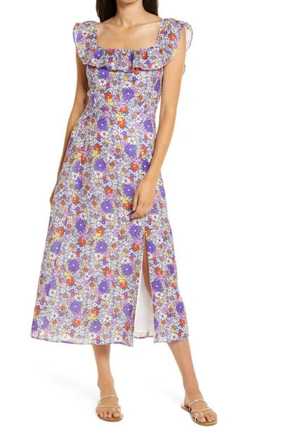 Shop Wayf Ruffle Floral Print Linen Midi Dress In Purple Sketch Daisy Floral