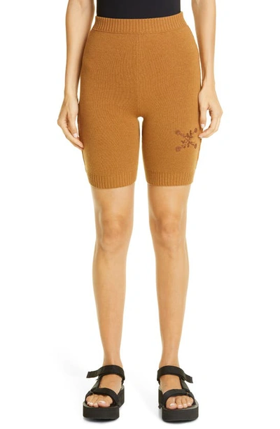 Shop Off-white Logo Embroidered Wool Blend Bike Shorts In Camel