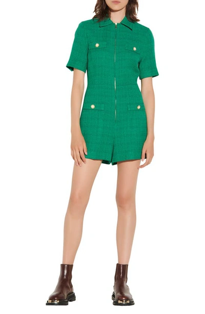 Shop Sandro Short Sleeve Tweed Romper In Emerald Green