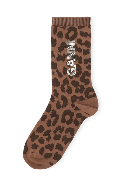 Shop Ganni Leopard Print Crew Socks In Toffee