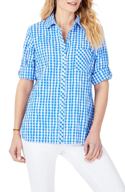 Shop Foxcroft Crinkle Gingham Button-up Shirt In Blue