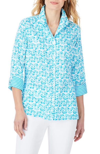 Shop Foxcroft Watercolor Trellis Cotton Sateen Non-iron Shirt In Aqua Breeze