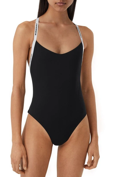 Shop Burberry Alagnon Logo Strap One-piece Swimsuit In Black