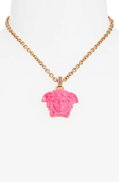 Shop Versace Pink Medusa Pendant Necklace In Gold/ Pink