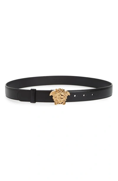 Shop Versace Medusa Leather Belt In Black/ Gold