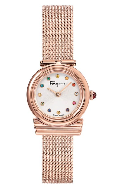 Shop Ferragamo Gancini Stones Mesh Strap Watch, 22mm In Rose Gold