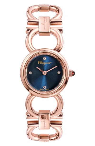 Shop Ferragamo Double Gancini Diamond Bracelet Watch, 22mm In Rose Gold