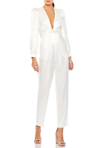 Shop Mac Duggal Plunge Neck Long Sleeve Satin Jumpsuit In White