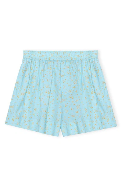 Shop Ganni Floral Print Organic Cotton Poplin Shorts In Corydalis Blue