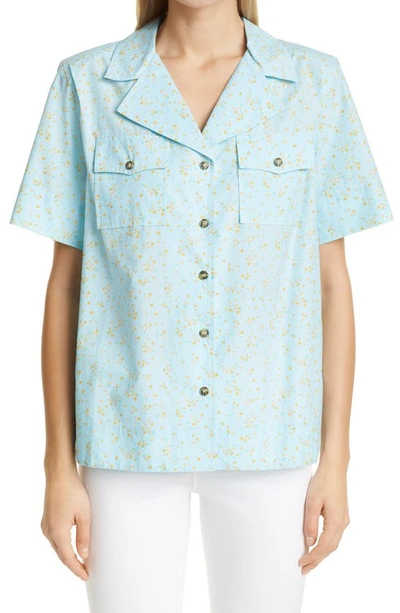 Shop Ganni Floral Organic Cotton Poplin Button-up Shirt In Corydalis Blue