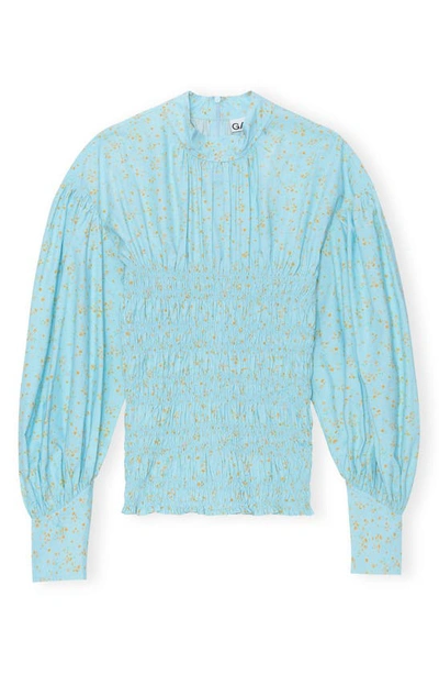 Shop Ganni Floral Long Sleeve Top In Corydalis Blue