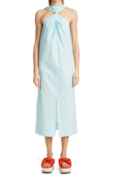 Shop Ganni Floral Ditsy Twist Yoke Organic Cotton Midi Dress In Corydalis Blue