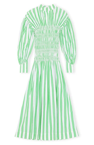 Shop Ganni Stripe Long Sleeve Organic Cotton Dress In Kelly Green