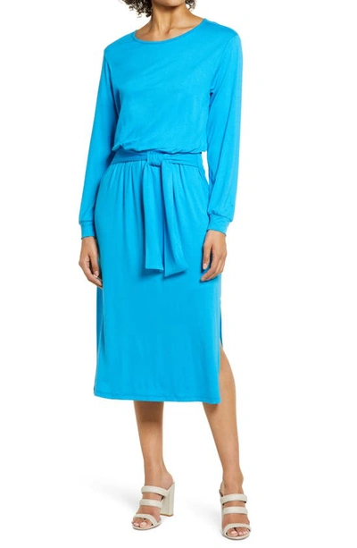 Shop Fraiche By J Tie Waist Long Sleeve Midi Dress In Blue