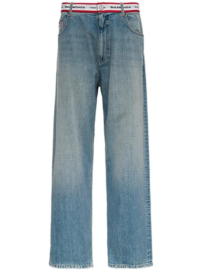 Shop Balenciaga Denim Jeans With Logo Band In Blu