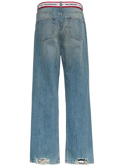 Shop Balenciaga Denim Jeans With Logo Band In Blu