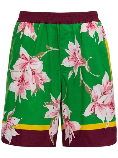 Shop Valentino Multicolor Bermuda Shorts With Floral Print In Green