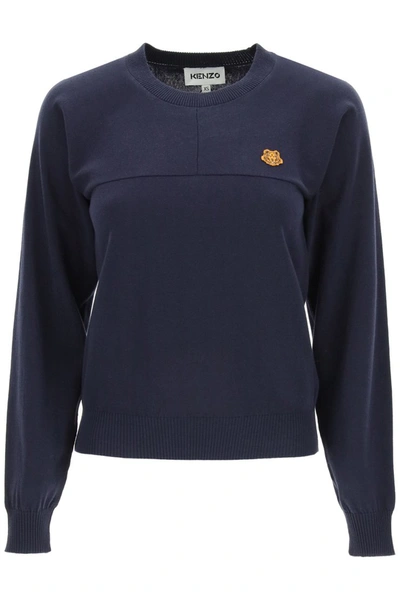 Shop Kenzo Cotton Sweater Tiger Crest Patch In Navy Blue