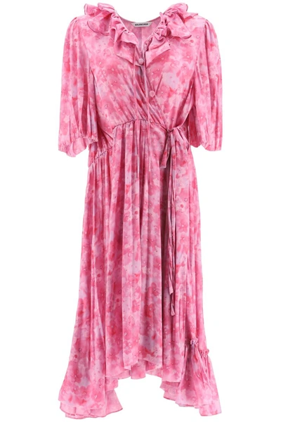 Shop Balenciaga Watercolor Pansy Print Midi Dress In Pink