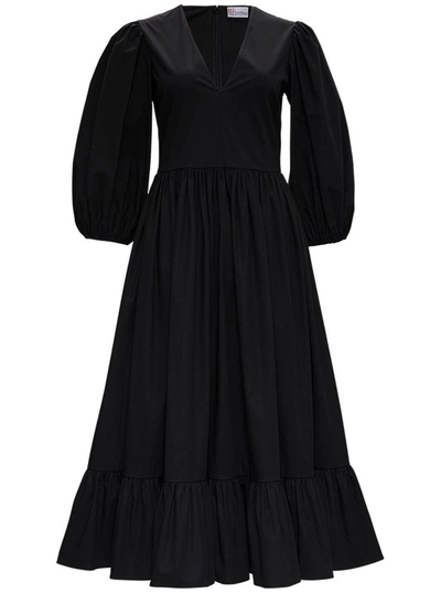 Shop Red Valentino Long Black Cotton Dress With Puff Sleeves