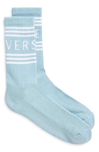 Shop Versace Logo Cotton Blend Crew Socks In Light Blue-white