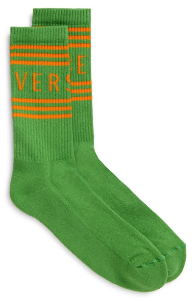 Shop Versace Logo Cotton Blend Crew Socks In Verde Jungle - Arancio
