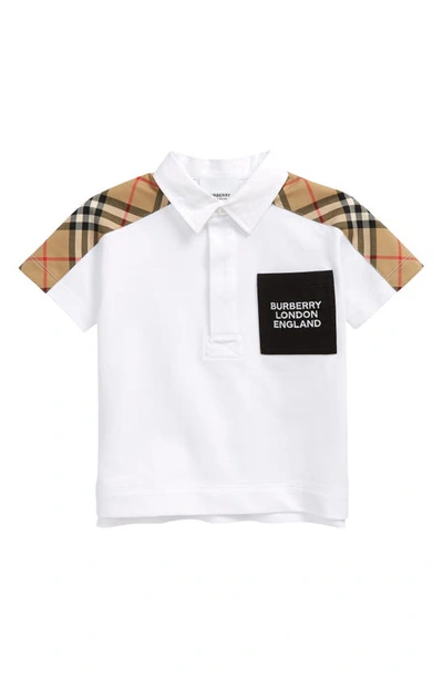 Shop Burberry Mini Johnathan Check Panel Piqué Polo In Open White