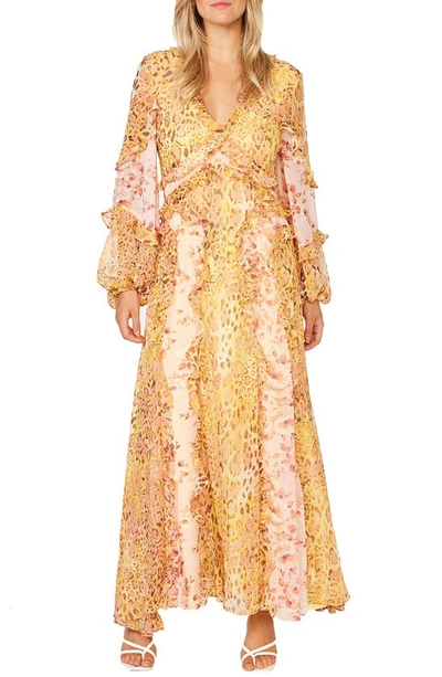 Shop Bardot Mixed Print Long Sleeve Ruffle Maxi Dress In Pinky Leopard