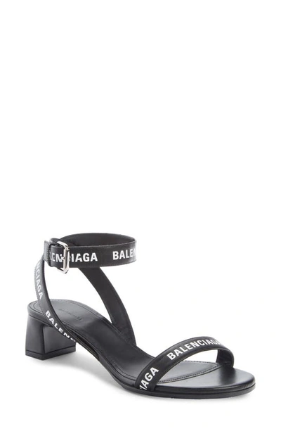 Shop Balenciaga Logo Ankle Strap Sandal In Black/ White