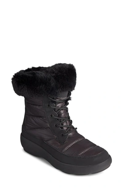 Shop Sperry Bearing Plushwave Faux Fur Winter Boot In Black/ Black Fabric