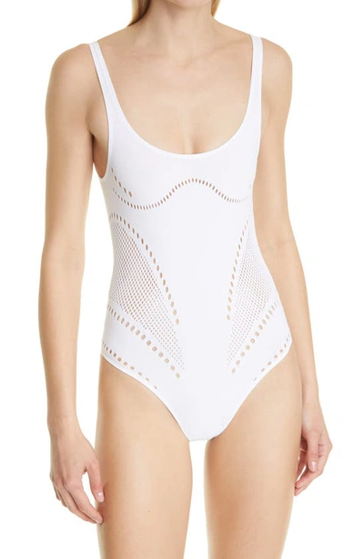 Shop Stella Mccartney Stellawear Perforated One-piece Swimsuit In Optic White