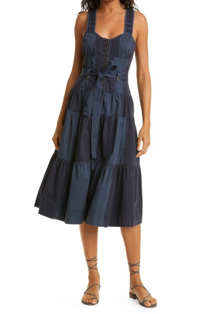 Shop Ulla Johnson Hilda Patchwork Cotton Twill Dress In Midnight Patchwork