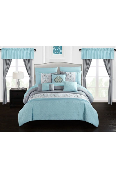 Shop Chic Home Bedding Jurgen Color Block Floral Embroidered Technique With Ruffled Details King Bed In A Bag Comforter 20- In Aqua Blue