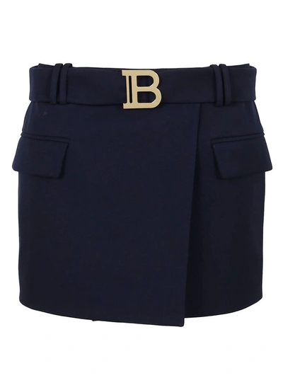 Shop Balmain Women's Blue Wool Skirt