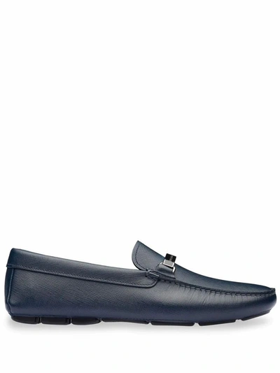 Shop Prada Men's Blue Leather Loafers