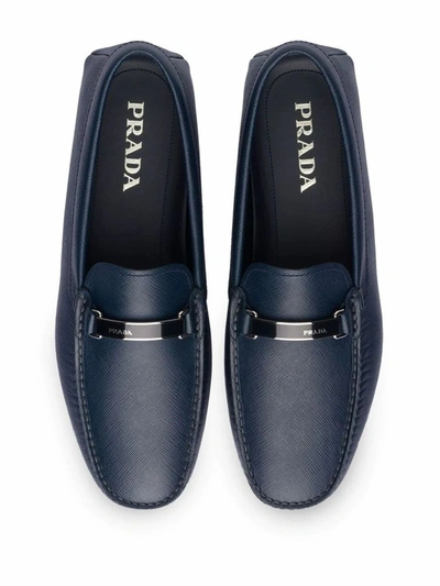 Shop Prada Men's Blue Leather Loafers