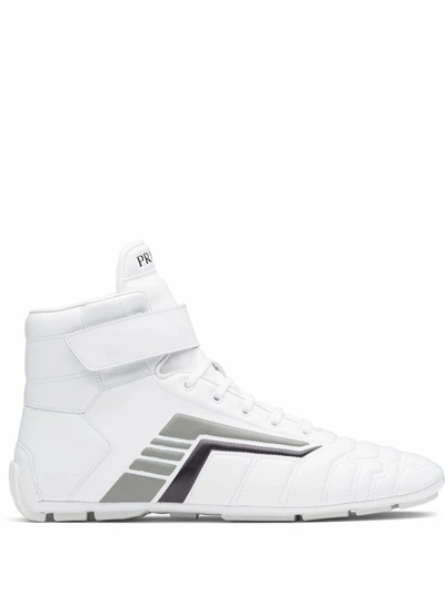 Shop Prada Men's White Leather Hi Top Sneakers