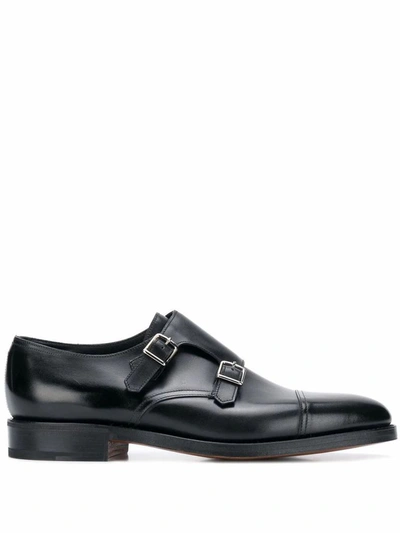 Shop John Lobb Men's Black Leather Monk Strap Shoes