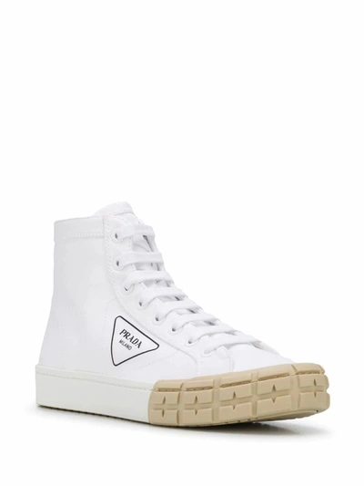 Shop Prada Men's White Cotton Hi Top Sneakers