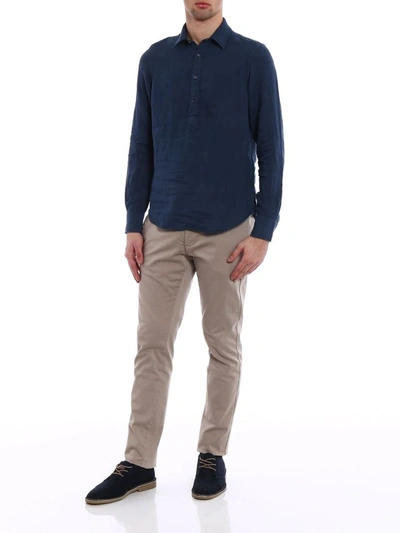 Shop Aspesi Men's Blue Linen Shirt