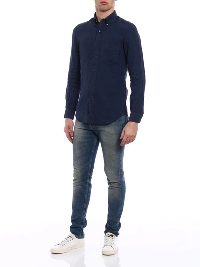 Shop Aspesi Men's Blue Linen Shirt