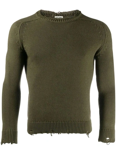 Saint Laurent Khaki Cotton Distressed Sweater In Green