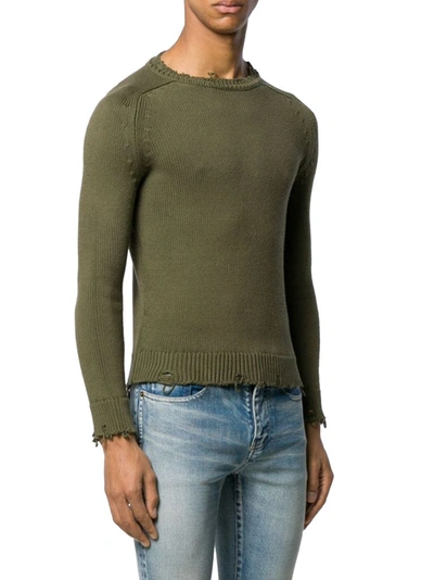 Saint Laurent Khaki Cotton Distressed Sweater In Green