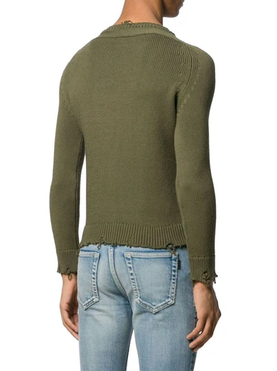 Saint Laurent Khaki Cotton Distressed Sweater In Green