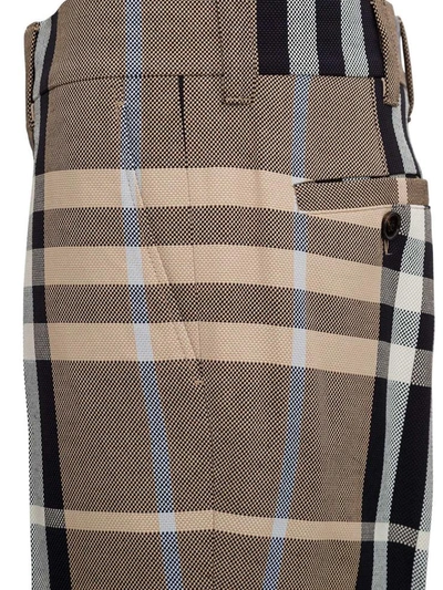 Shop Burberry Tailored Pants In Technical Cotton With Tartan Motif In Beige
