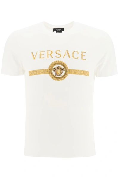 Shop Versace T-shirt With Medusa Embroidery And Crystals In Bianco